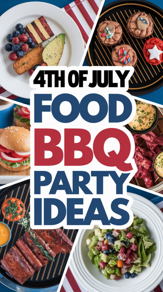 A collage image featuring various Fourth of July BBQ food ideas, including ribs, cookies with patriotic decorations, a layered dessert with blueberries and raspberries, a fresh salad with mixed greens and fruits, burgers, and cheese dips, all surrounding text that reads "4th of July Food BBQ Party Ideas."