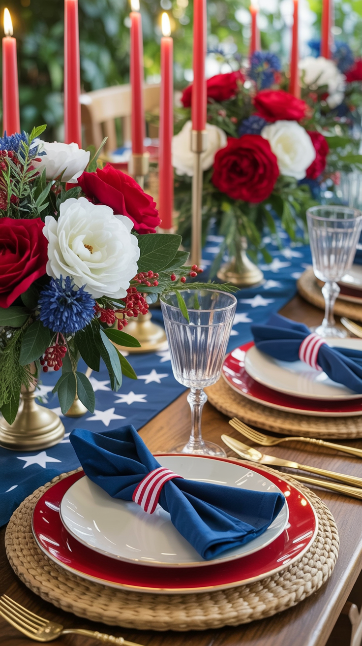 Festive table setting with red, white, and blue decor, including flowers and candles, on a star-patterned tablecloth.
