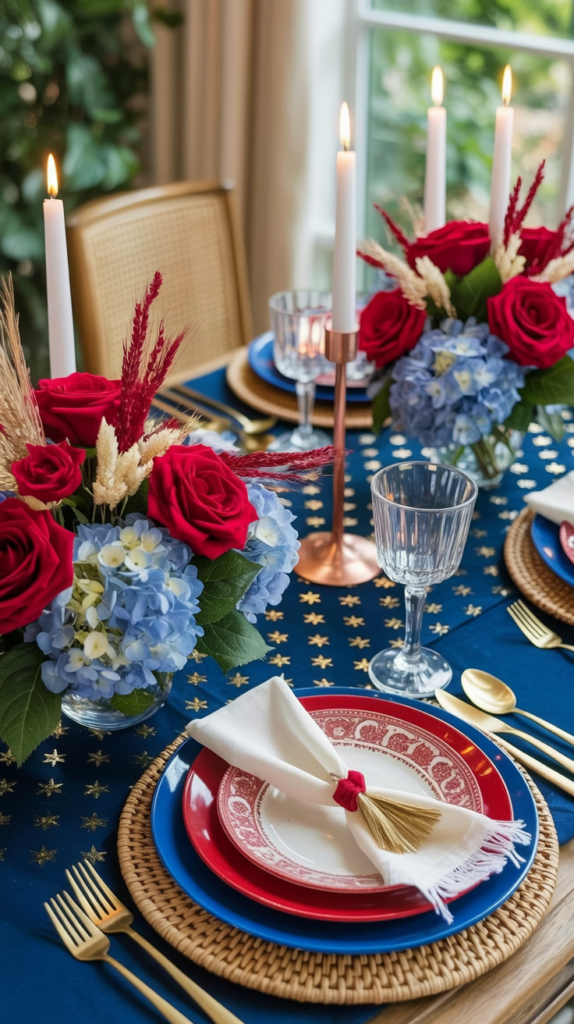 A festive table setting with red roses, blue hydrangeas, and candles on a blue cloth adorned with gold stars.