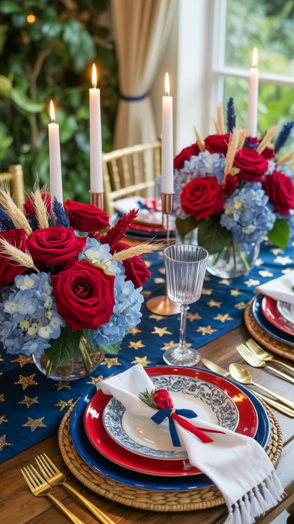 A patriotic table setting with red roses, blue hydrangeas, and candles, featuring star-patterned tablecloth and elegant tableware.