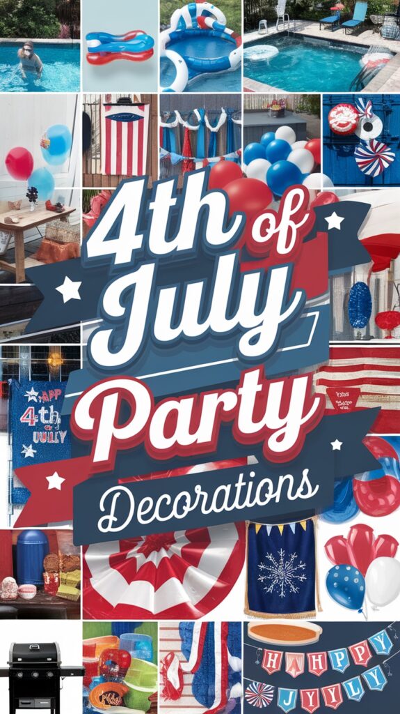 Collage of 4th of July party decorations featuring flags, balloons, pool inflatables, and a barbecue grill.