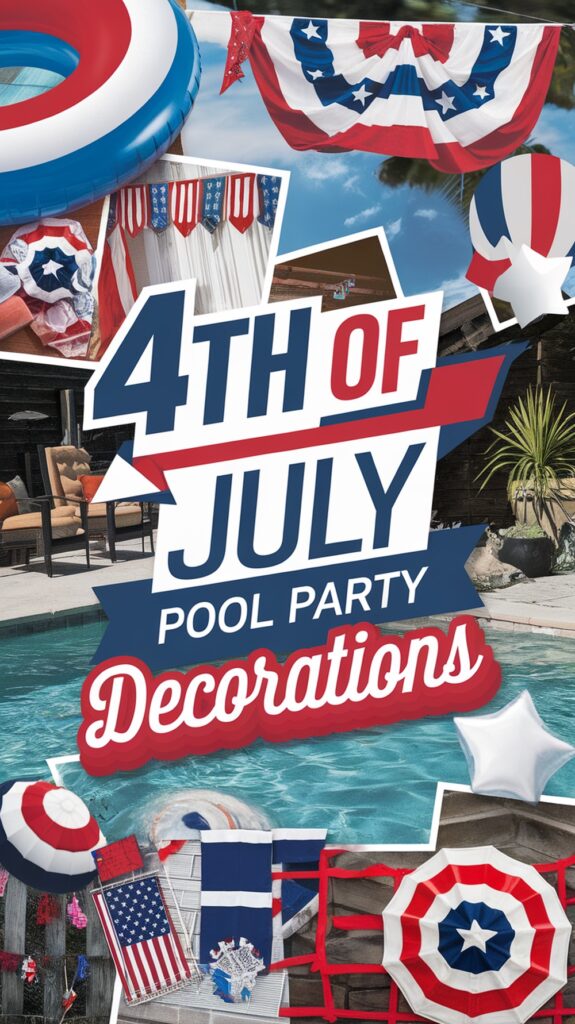 Collage of 4th of July decorations around a pool, including flags, balloons, and a red, white, and blue theme.