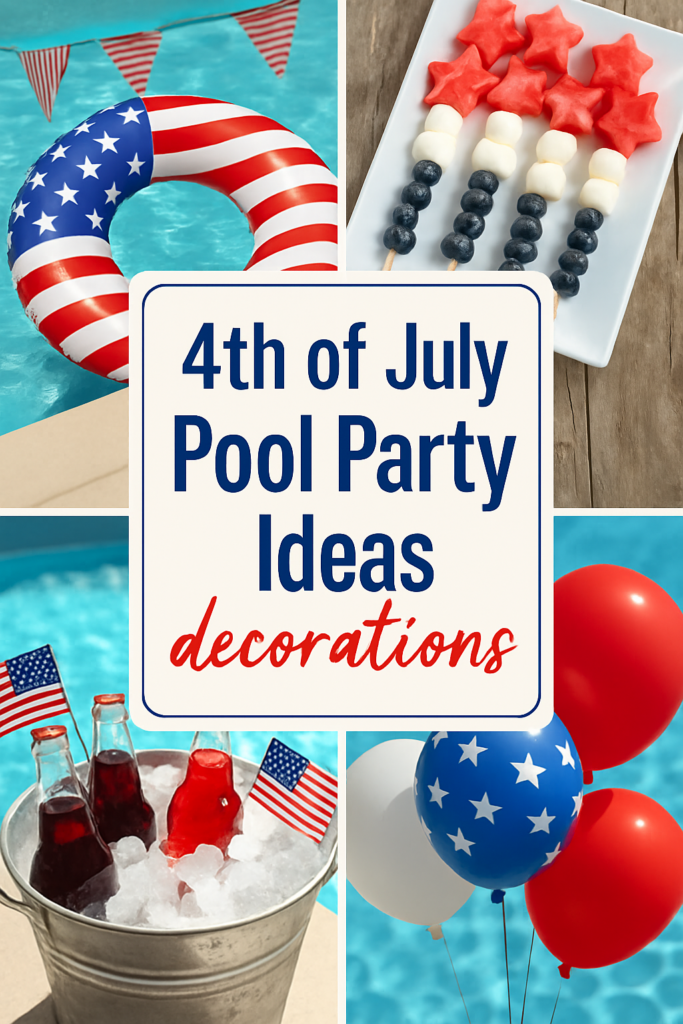 A collage of 4th of July pool party decorations including a life ring with stars and stripes, star-shaped fruit skewers, soda in a bucket with mini flags, and red, white, and blue balloons.