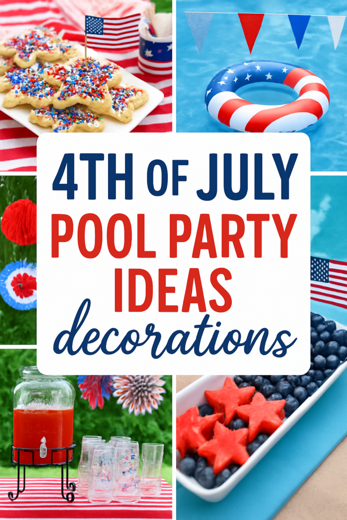 Collage featuring 4th of July pool party decorations, including star-shaped cookies, a lifebuoy, drinks, and a blueberry platter.
