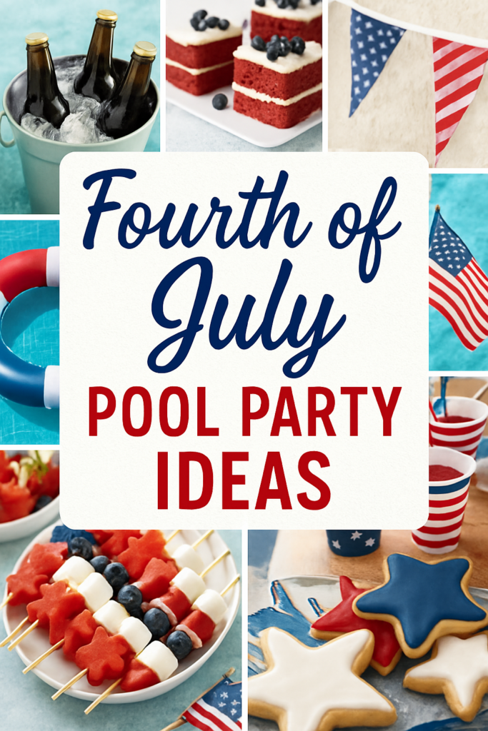 A collage featuring Fourth of July pool party ideas with foods and decorations, including flags, festive treats, and drinks.