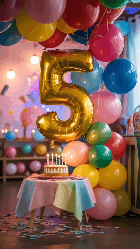 A colorful birthday party setup with a giant gold balloon shaped like the number five surrounded by red, pink, blue, yellow, and green balloons. Below is a small table with a birthday cake topped with five lit candles and covered with a pastel-colored tablecloth. Confetti is scattered on the floor.