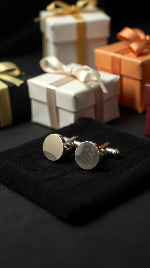 A pair of classic cufflinks displayed on a black cloth, surrounded by colorful gift boxes.