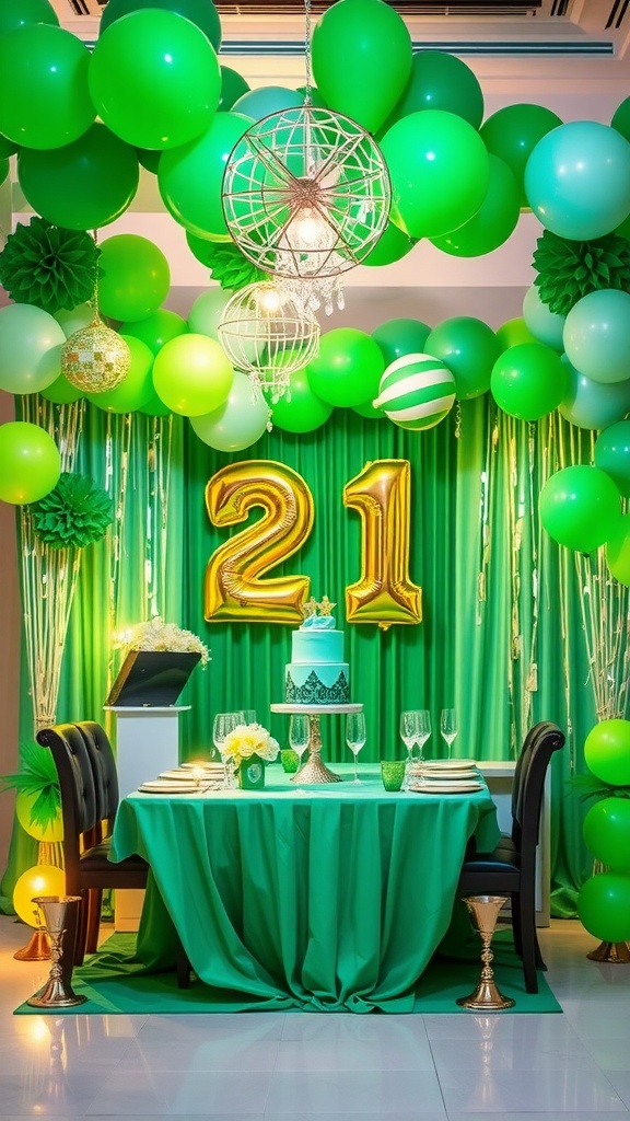 An elegant birthday party setup with emerald green decorations, balloons, and a cake.