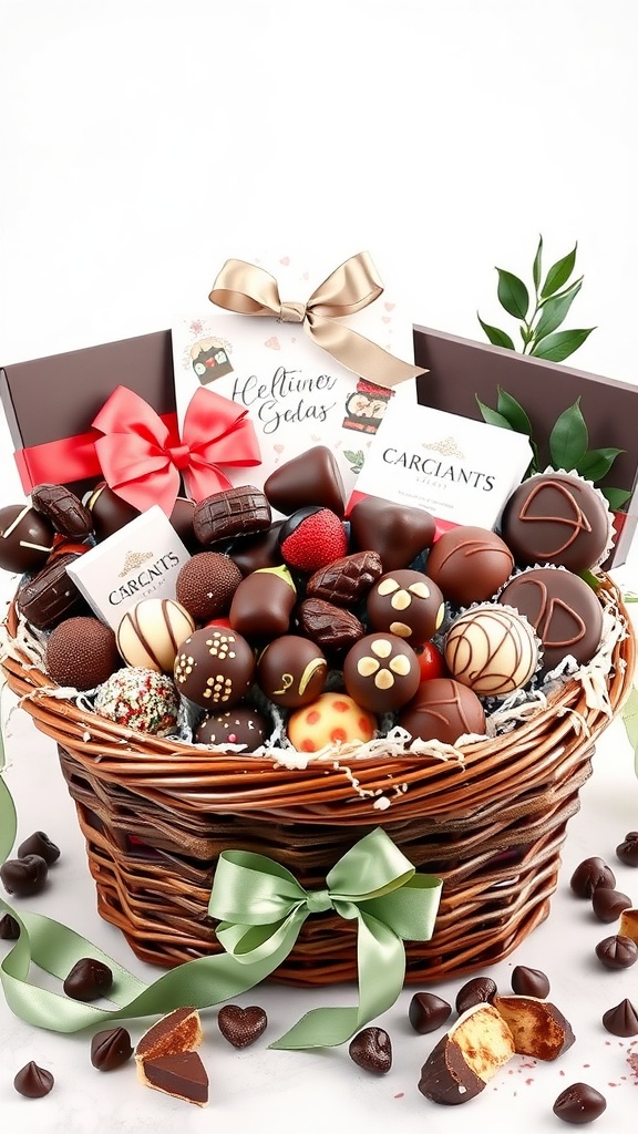 A beautifully arranged chocolate basket filled with various chocolate treats and decorative elements.