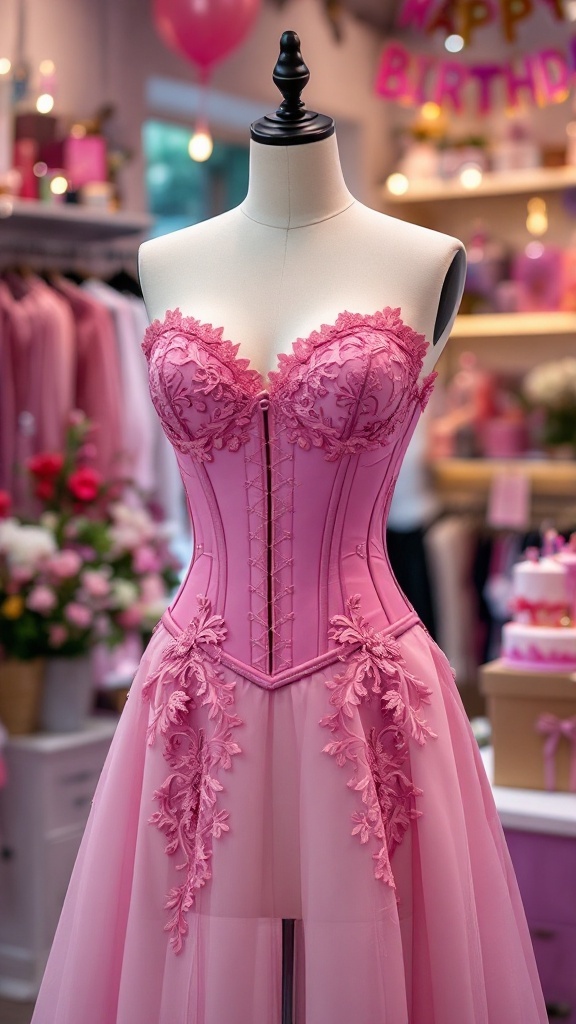 Pink corset dress with floral embroidery, displayed in a festive setting.