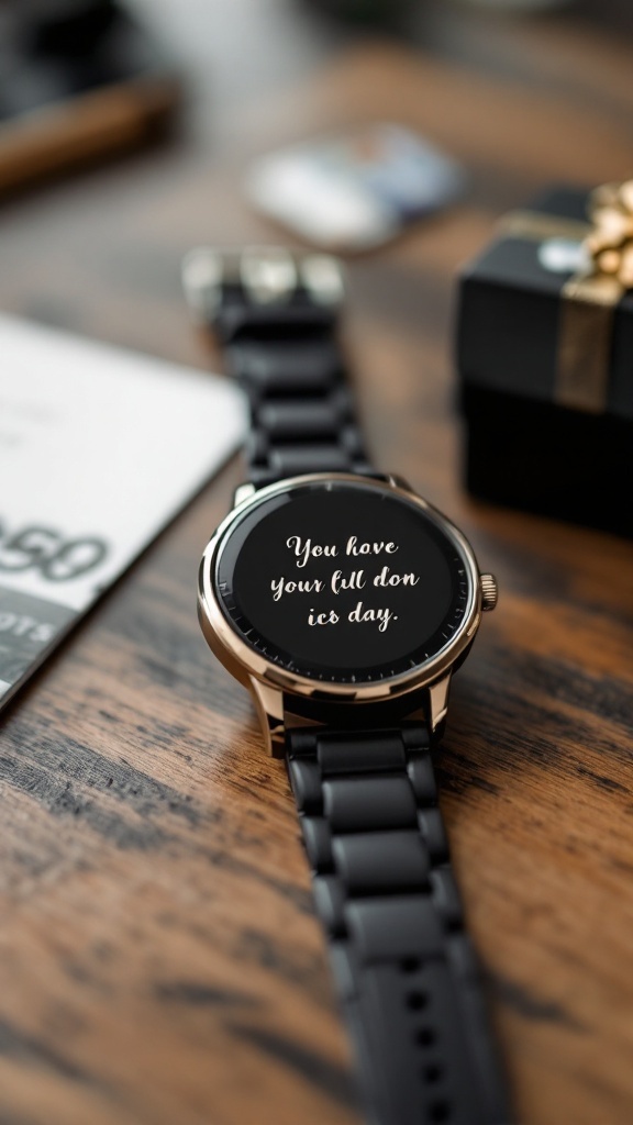 A stylish customized watch on a wooden surface, with gift boxes and a gift card in the background.