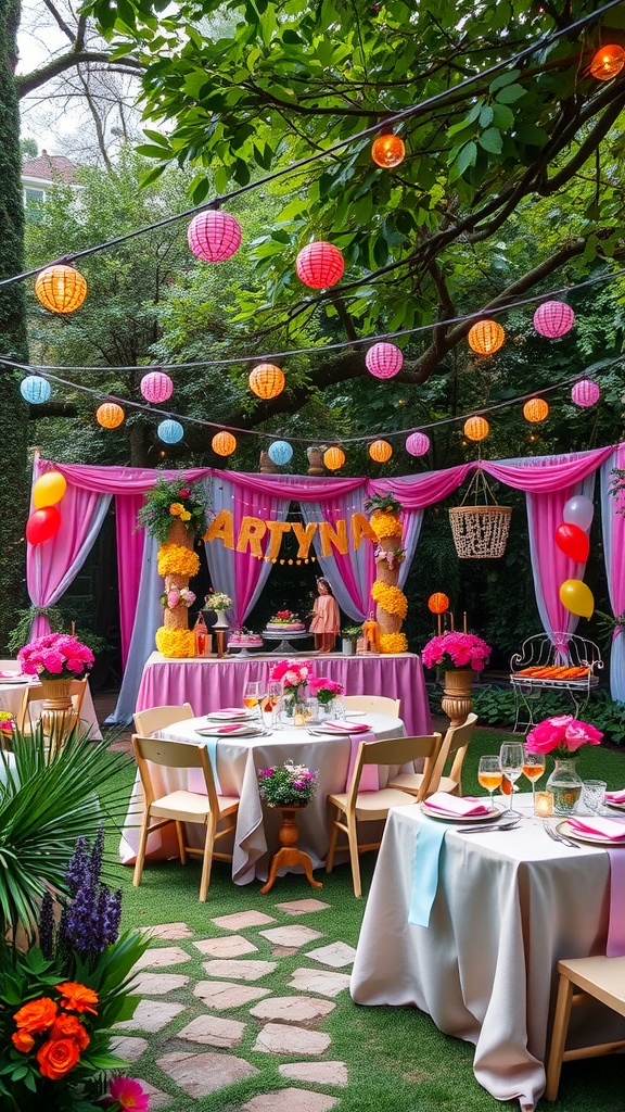A beautifully decorated fairy theme birthday party with colorful lanterns, floral arrangements, and elegant table settings.
