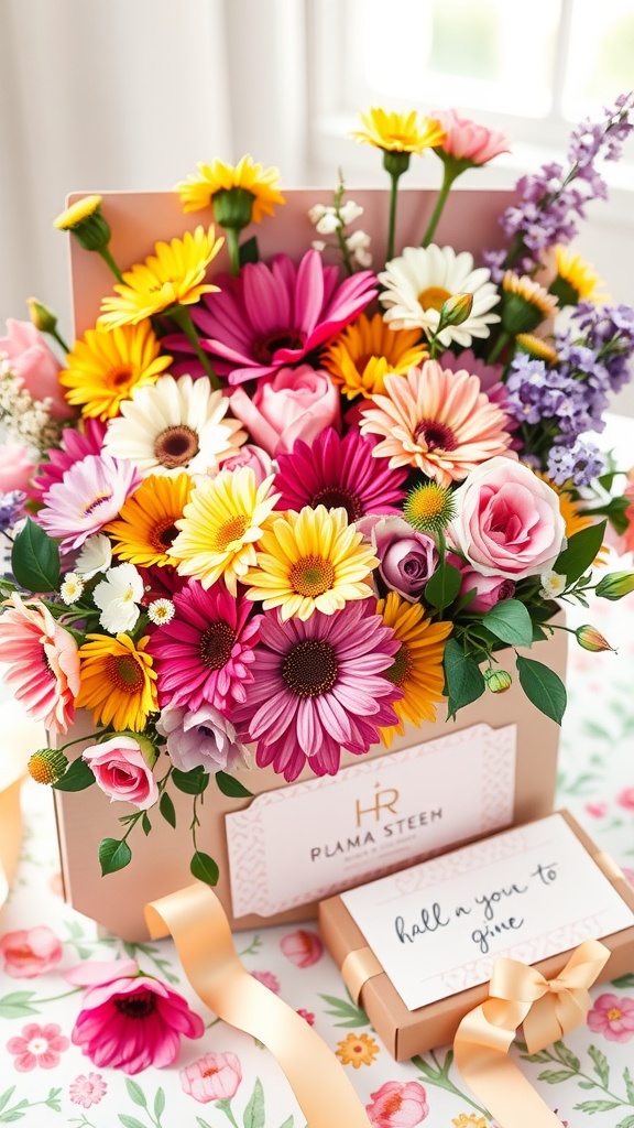 Colorful flower bouquet in a box with a gift card and ribbon.