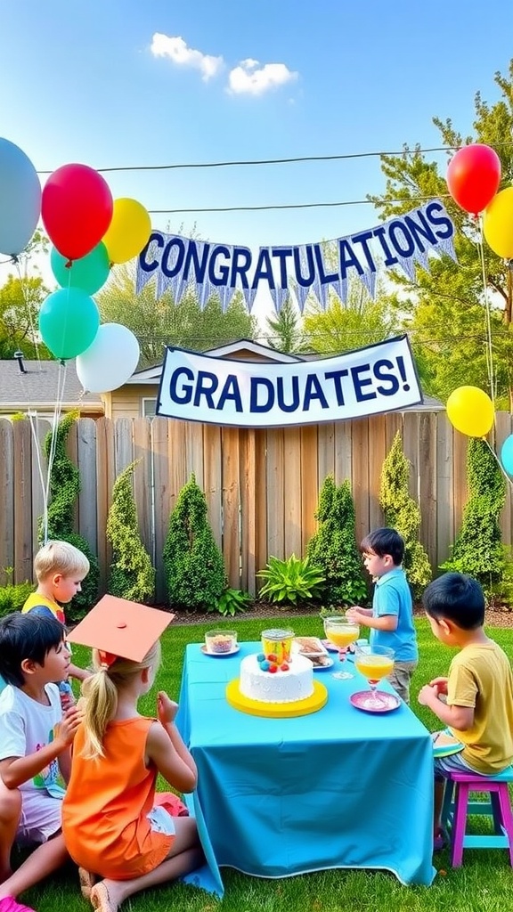 Children celebrating a graduation party with balloons and a cake in a backyard.