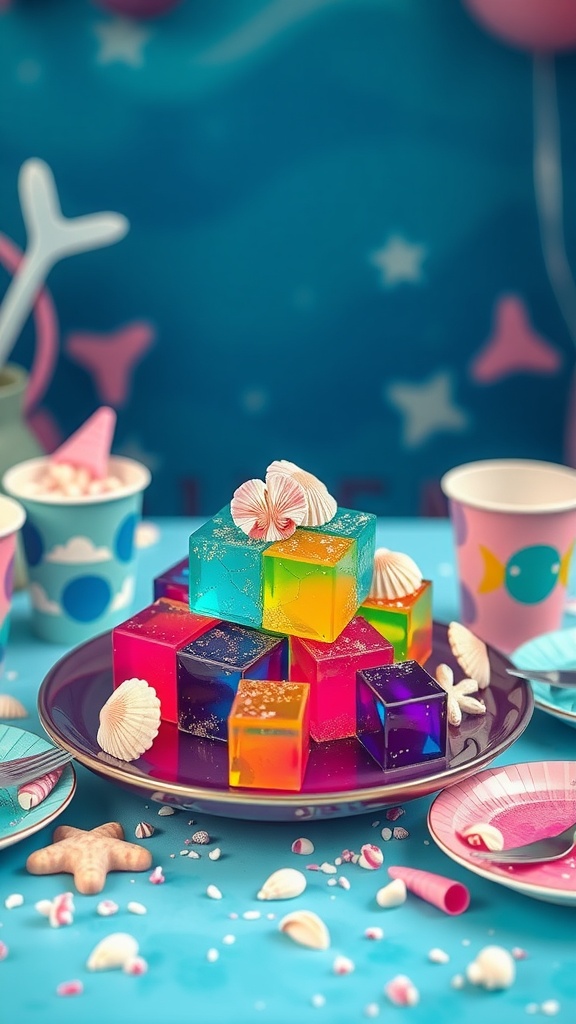 Colorful Jello squares on a plate, decorated with seashells, set for a mermaid birthday party.