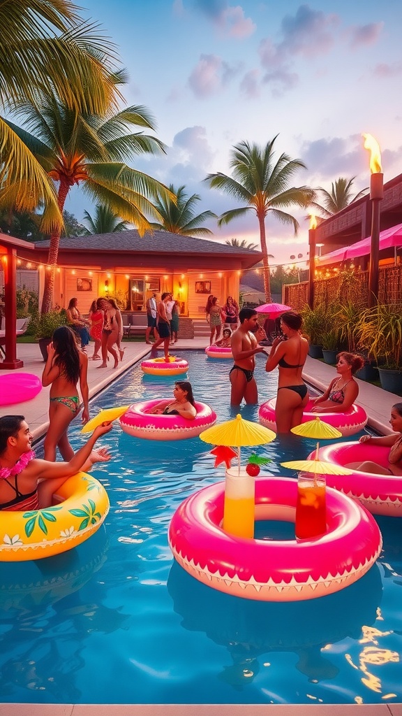 A vibrant Hawaiian-themed pool party with people enjoying floats and tropical drinks.