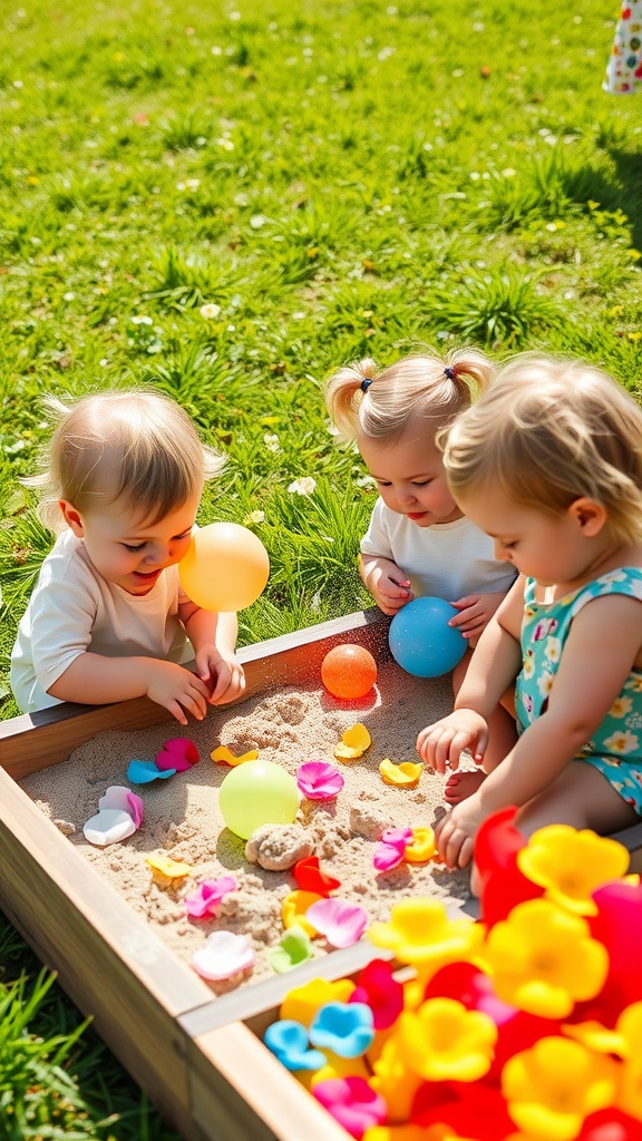 Three toddlers playing with colorful objects in a sandpit on a sunny day.