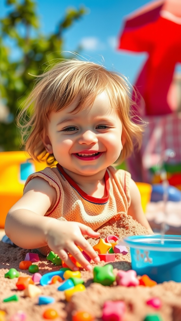 A happy toddler playing with colorful toys in the sand.