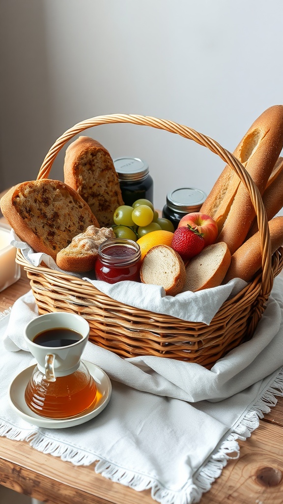 A wicker breakfast basket filled with assorted bread, jams, fruits, and a cup of tea.