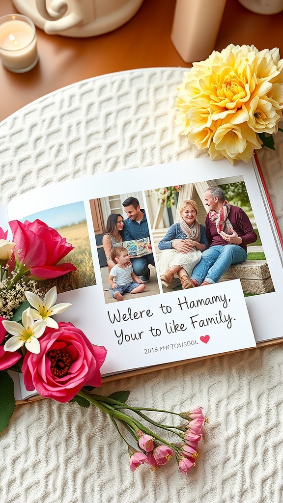 A custom photo book with family photos, flowers, and candles.