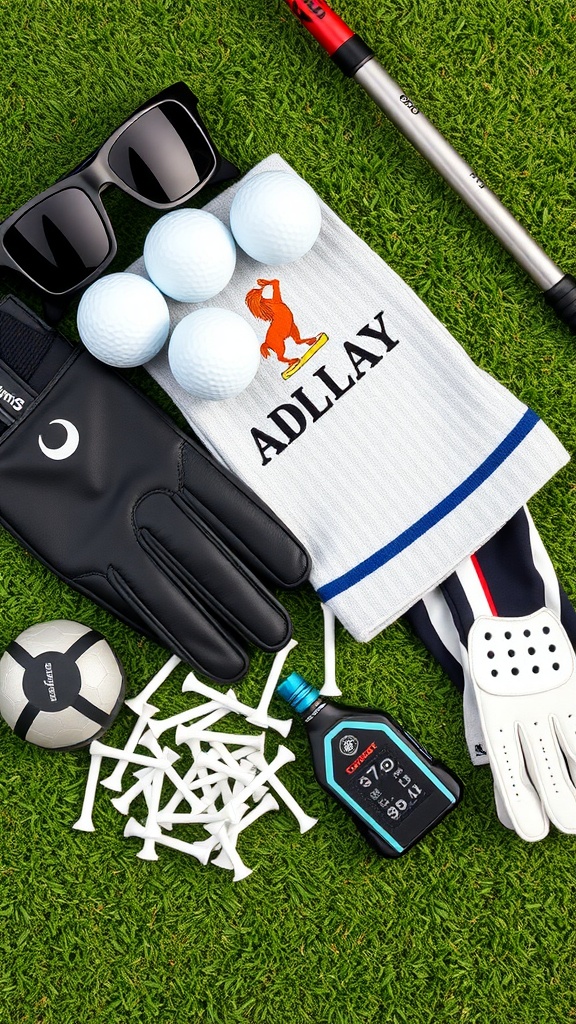 An assortment of golf accessories including golf balls, a towel, sunglasses, and a golf glove on grass.