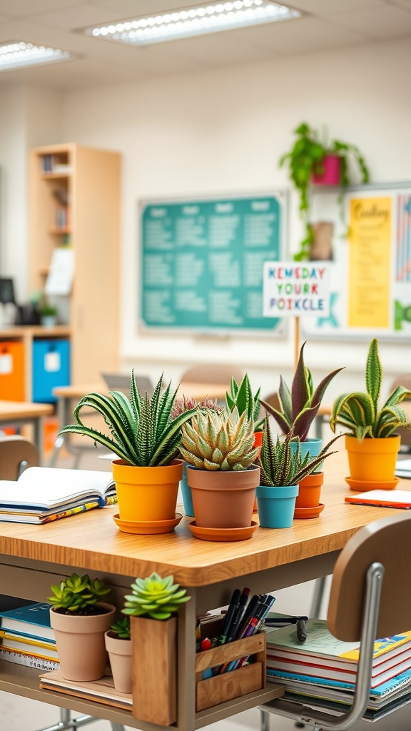 Classroom desk with various potted succulents, notebooks, and a pen holder, with colorful classroom decor in the background.