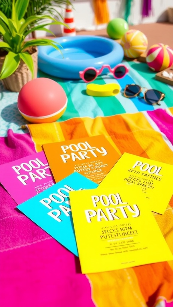 Colorful pool party invitations on a vibrant beach towel with summer accessories.