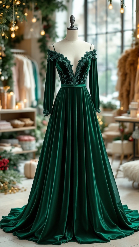 A stunning velvet dress in emerald green on a mannequin, featuring elegant floral detailing and a flowing skirt.