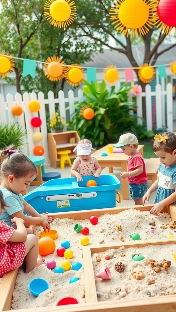 Toddlers playing in a sandbox with colorful toys and decorations