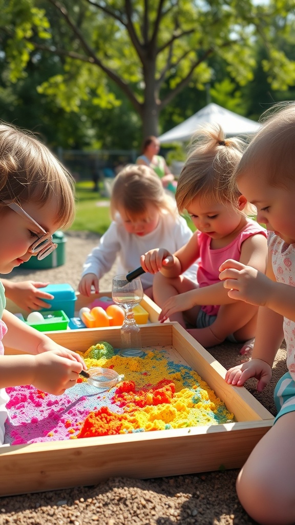 Toddlers playing with colorful sand in a sandbox.