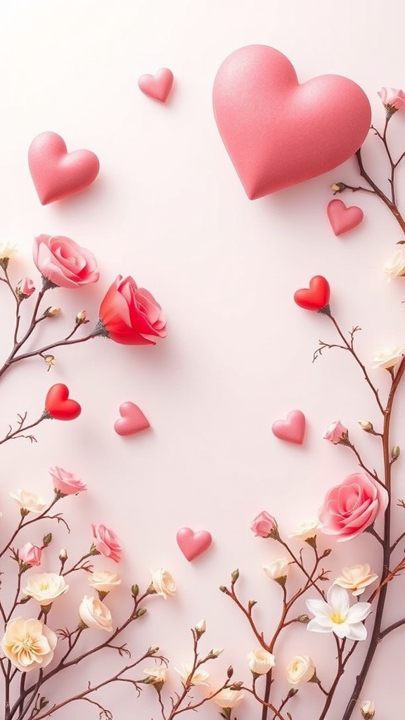 Pink hearts and flower blossoms on branches against a light background.