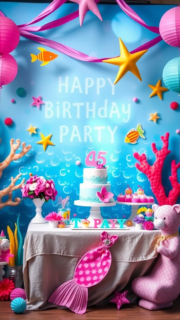 Colorful mermaid birthday party backdrop with decorations and a cake.