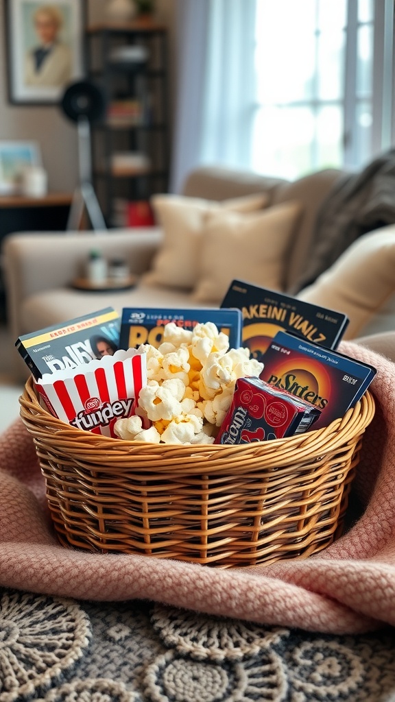 A cozy movie night basket filled with popcorn and movie snacks.