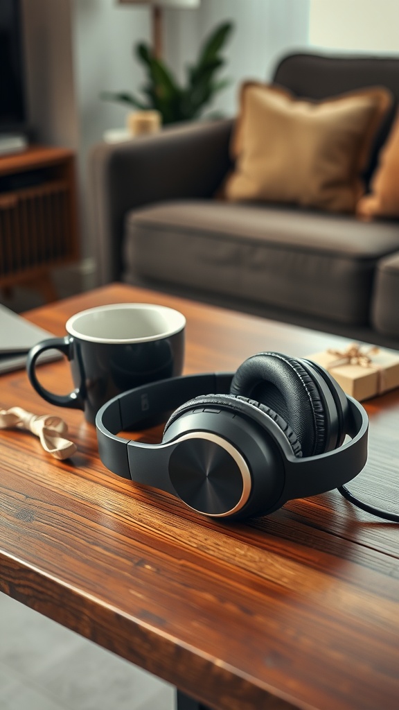 Noise-canceling headphones placed on a wooden table next to a coffee mug.