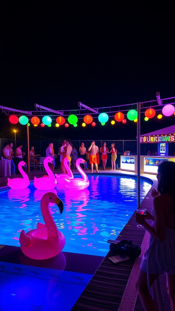 A vibrant nighttime pool party featuring colorful lights, inflatable flamingos, and guests enjoying the evening.
