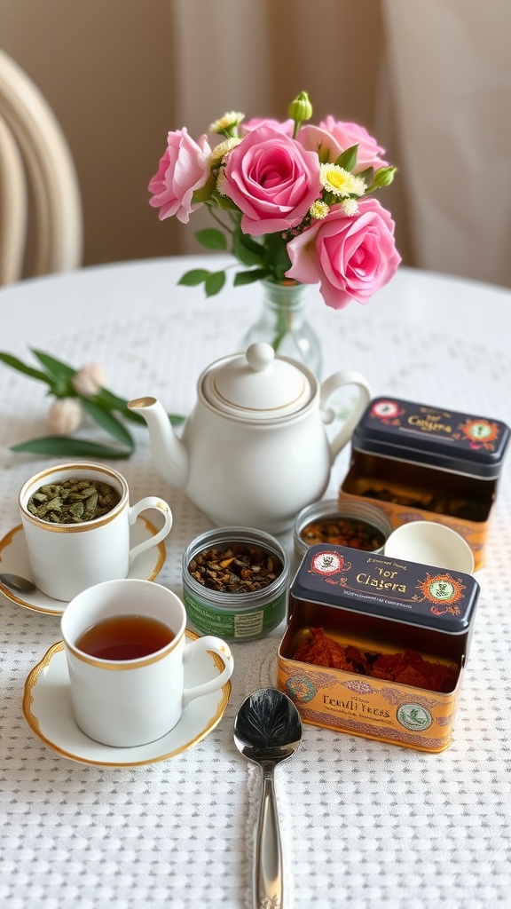 A beautiful arrangement of a tea sampler set with cups, a teapot, and pink roses on a table.