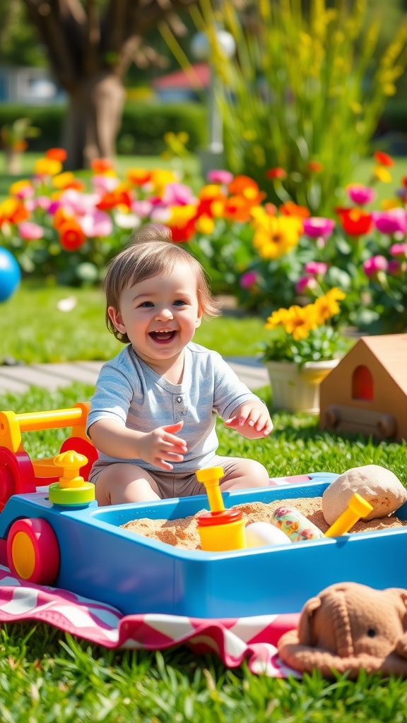 A happy toddler playing in a sandbox surrounded by colorful flowers.