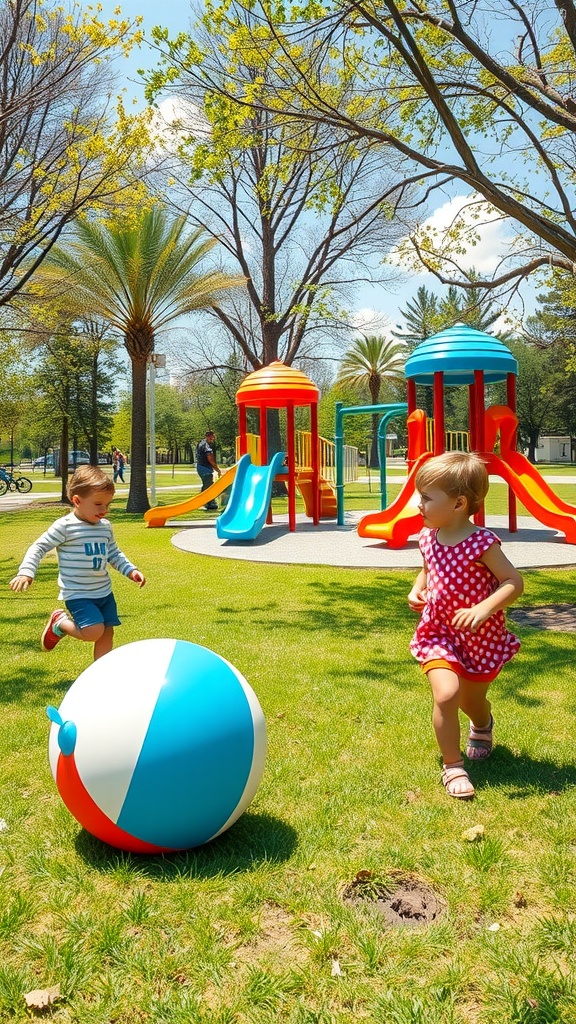 Two toddlers playing with a beach ball near a colorful playground in a sunny park.