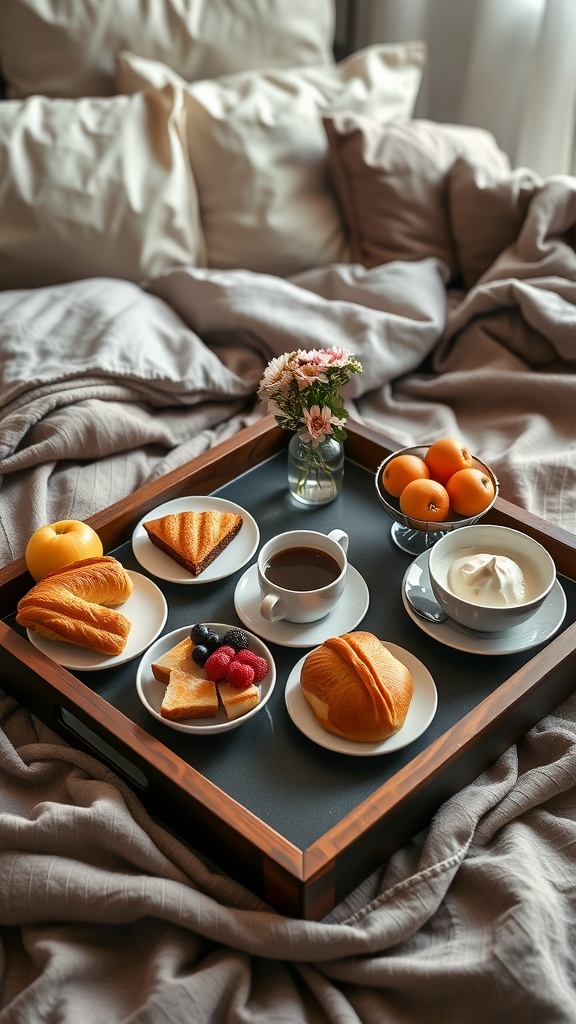 A beautifully arranged breakfast tray with pastries, fruit, and coffee on a bed.