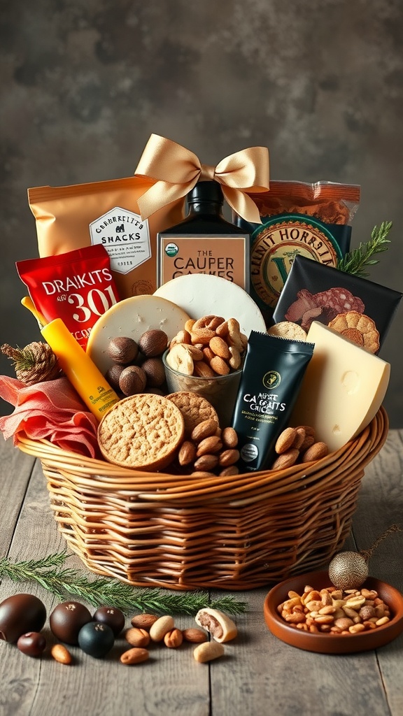 A beautifully arranged gourmet snacks basket filled with various treats.