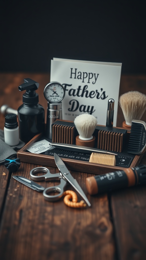 A grooming kit for Father's Day with various grooming tools and a card that says 'Happy Father's Day'.