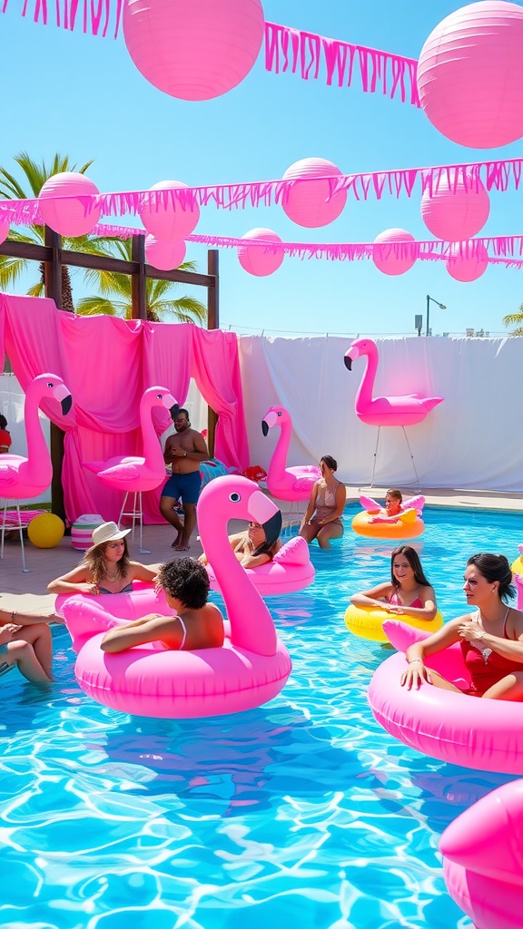 A lively pool party scene with pink decorations and floats.
