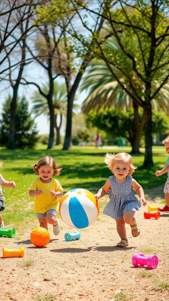 Toddlers playing outdoors with colorful balls in a sunny park.