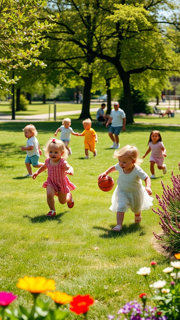 Toddlers playing outdoors in a sunny park.