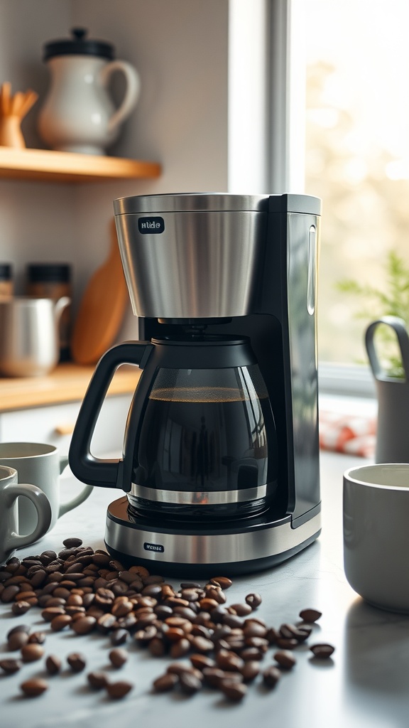 A sleek coffee maker with coffee beans and cups around it, set in a cozy kitchen.