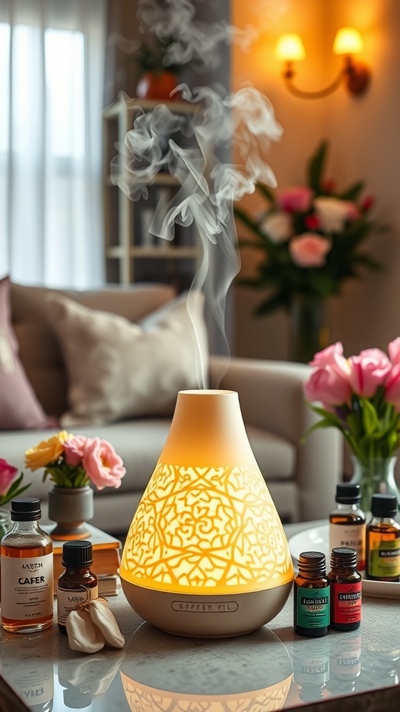 A stylish essential oils diffuser surrounded by various essential oil bottles and flowers.