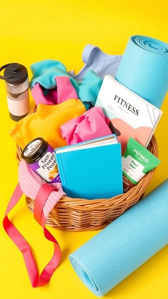 A colorful fitness basket filled with workout gear, a yoga mat, a water bottle, and fitness-related items.
