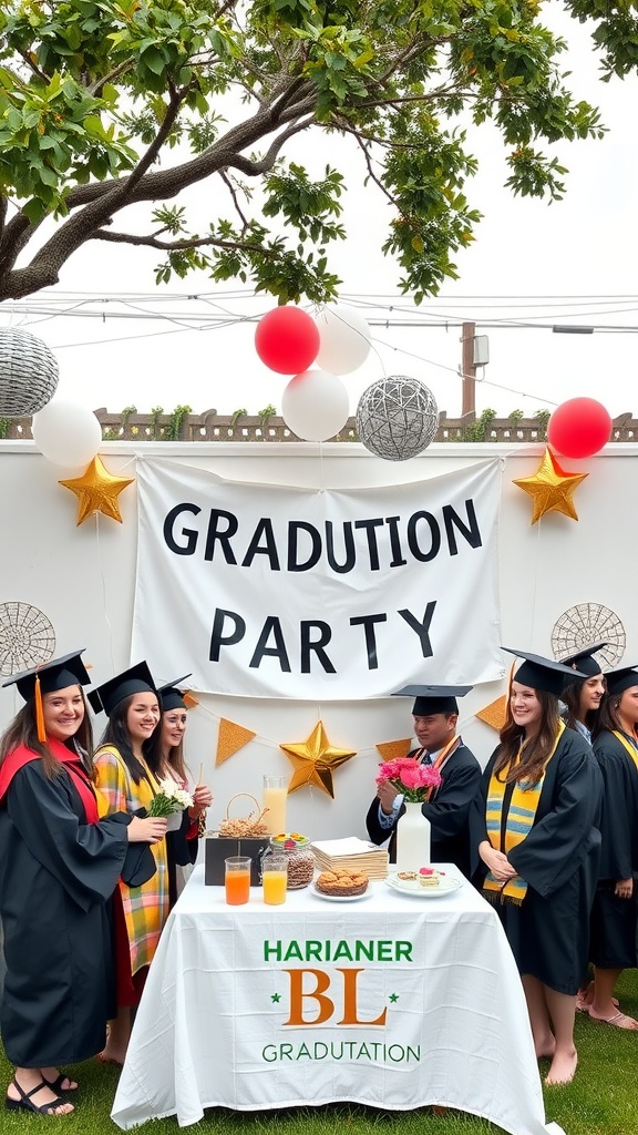 Graduation party with decorations, snacks, and graduates celebrating.