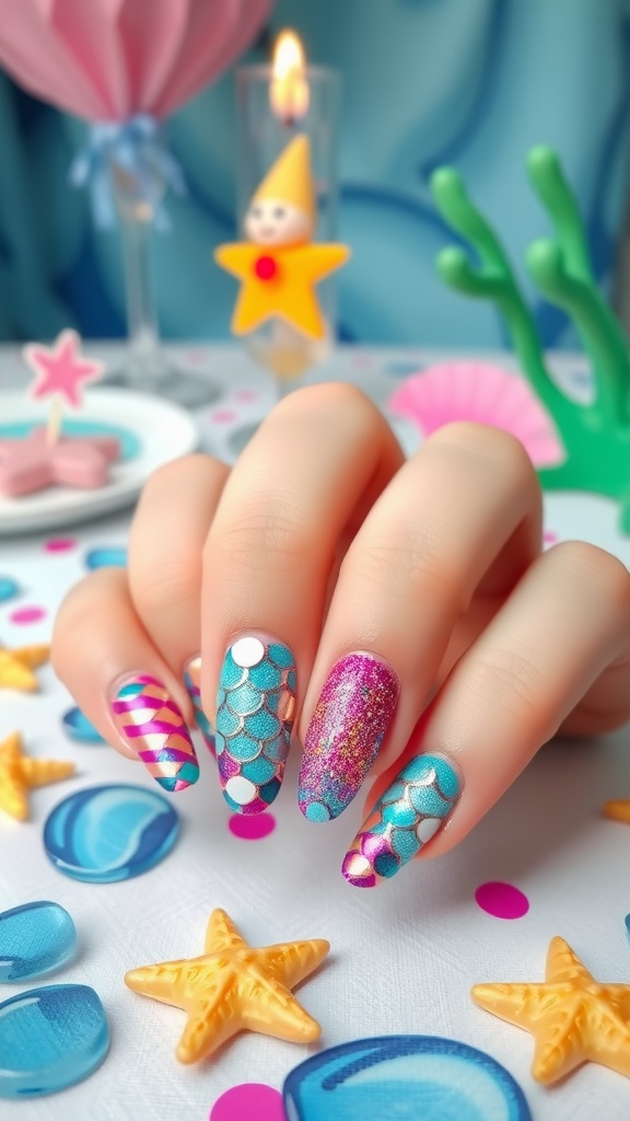 Colorful mermaid-themed nails with scales and glitter