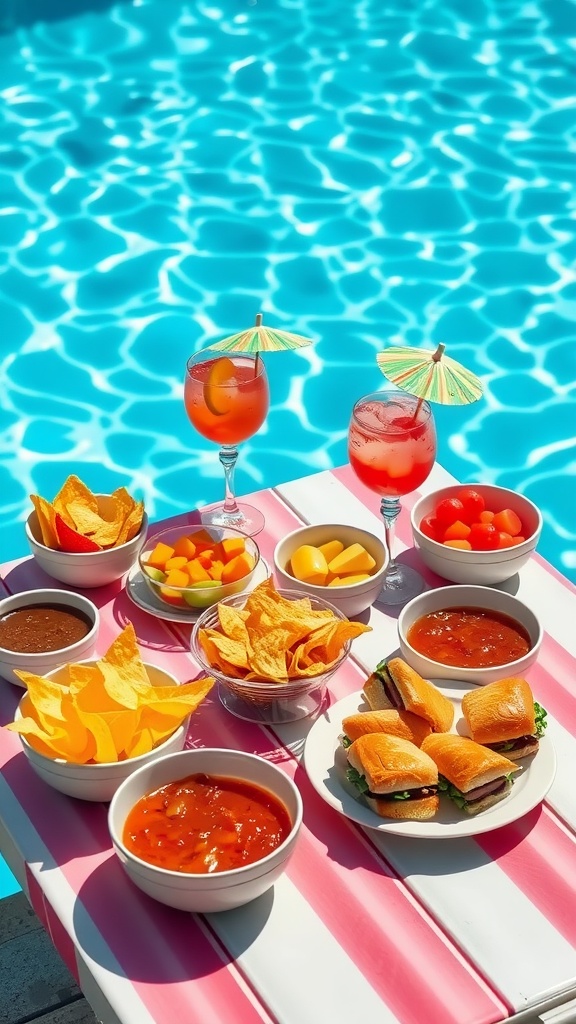 A colorful spread of snacks including chips, salsa, sliders, and fruit by a bright blue pool.